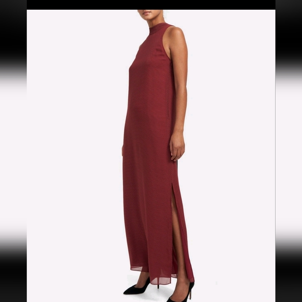 THEORY Silk Halter Dot Print Burgundy Maxi Dress | SZ 10 - Picture 3 of 14